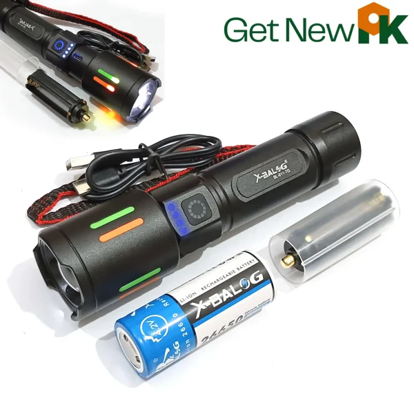 X-Balog BL-611 TG Multi-Purpose Rechargeable Emergency Torch - High-Power LED Flashlight with Telescopic Zoom, Laser Function, 800m to 1km Beam Range, Featuring a Durable 26650 Battery for Extended Use